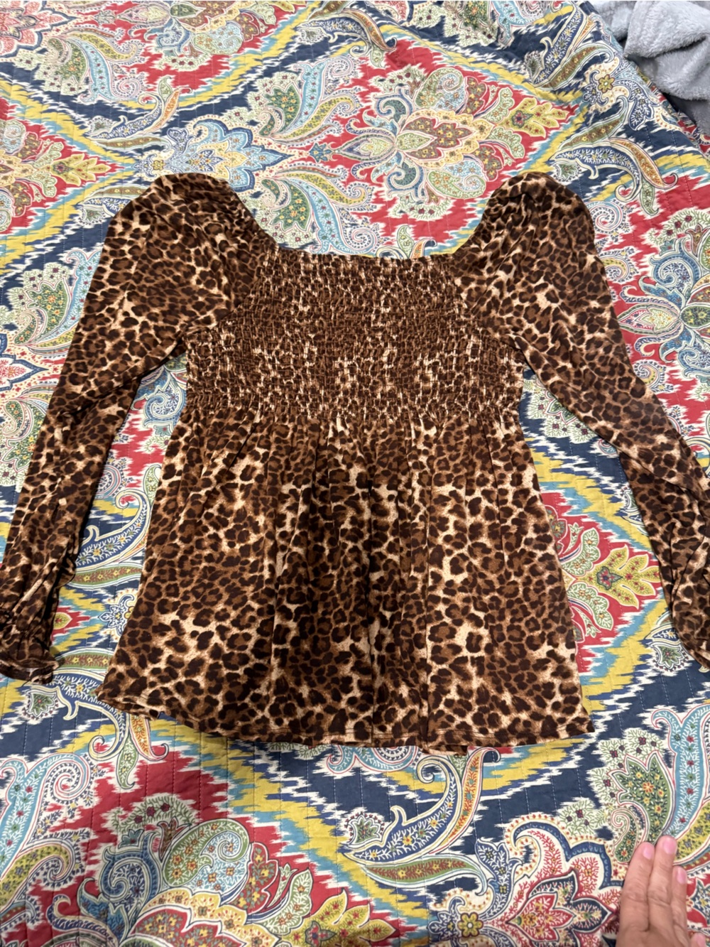 white birch Leopard Print Smocked Long-Sleeve Top - Brown